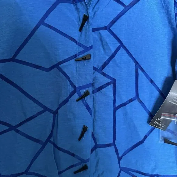 New Ali Miles Medium Blue Black Artsy Lagenlook Textured 3/4 Sleeve Art To Wear - Picture 13 of 14